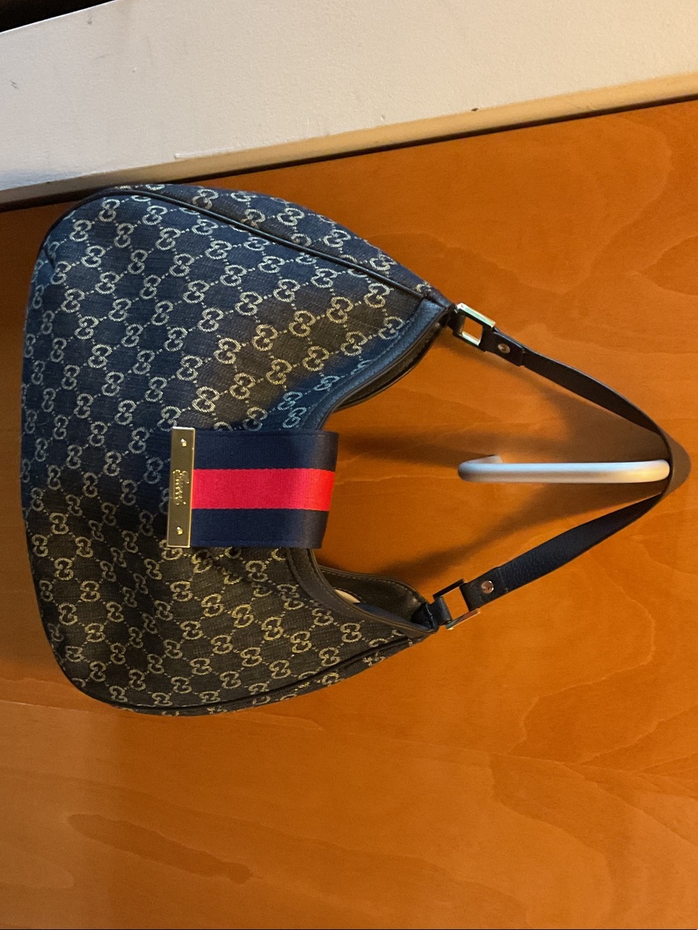 Gucci Navy Denim Monogram Shoulder Bag with Red Web Stripe